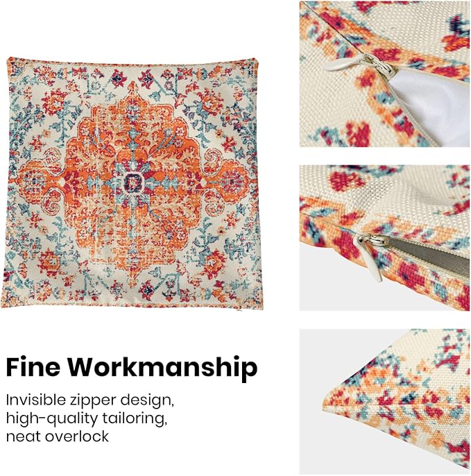 AEIOAE Boho Pillow Covers 18x18 Inch Set of 2,Carpet Pattern Throw Pillows Case,Orange Blue Ethnic Design Outdoor Decorative Square Linen Farmhouse Decor Cushion Covers for Home Sofa Bed Couch