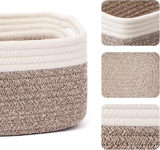MiniArk Small Storage Baskets for Organizing | Closet Organizer Bins | Shelf Toy Basket | Woven Rope Baskets | Cube Decorative Box | Shallow Basket | 13x8.5x5.1” | 4 Packs White Brown