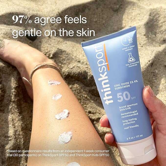 Thinksport SPF 50+ Mineral Sunscreen – Safe, Natural Sunblock for Sports & Active Use - Water Resistant Sun Cream –UVA/UVB Sun Protection – Vegan, Reef Friendly Sun Lotion, 6oz