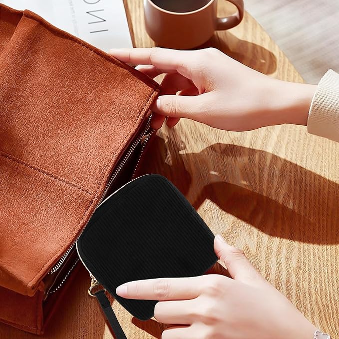 Corduroy Period Pouch Small Discreet Period Bag Sanitary Napkin Storage Bag Cute Menstrual Pad Pouch Tampon Bag for Purse Portable Wristlet Makeup Bags for Women Ladies Black