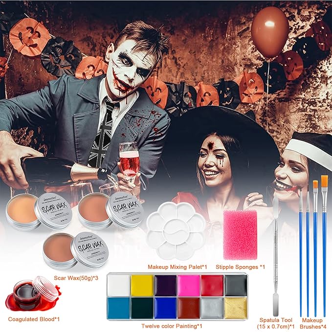 immetee Scar Wax SFX Makeup Kit, Face & Body Paint, Christmas Halloween Makeup Kit, Fake Blood, Painting Brushes, Spatula, Stipple Sponge, Stage Theatrical Party Cosplay, Carnival