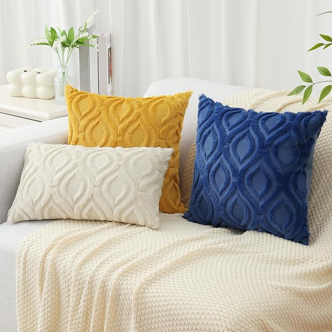 decorUhome Faux Fur Plush Soft Dark Blue Throw Pillow Covers 18x18 Set of 2 | Wool Solid Fall Couch Pillow Covers, Accent Modern Farmhouse Neutral Decorative Square Pillow Cases for Sofa Bed Living Room