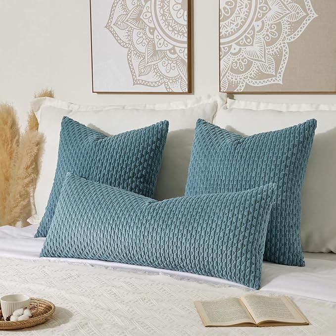 Kevin Textile Soft Corduroy 14"x36" Lumbar Pillow Cover 1 Pack, Blue | Boho Stripe Plush Corduroy Decorative Oblong Cushion Cover Modern Farmhouse Home Decor for Sofa Couch Bed Chair