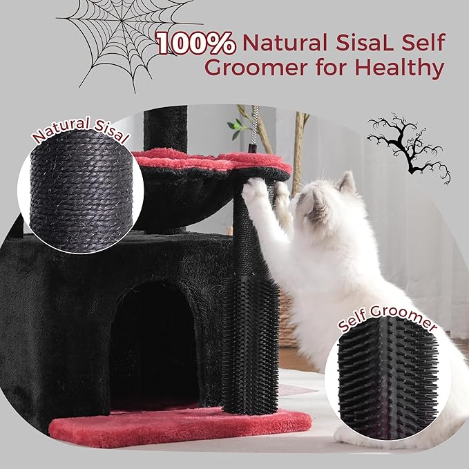 Cat Tree 32” Small Cat Tower with Large Hammock 16”& Self Groomer | Gothic Cat Tree with Hammock 16” Dia, Removable Bed, Scratching Post & Self Groomer Small Cat Tree for Indoor & Adult Cats