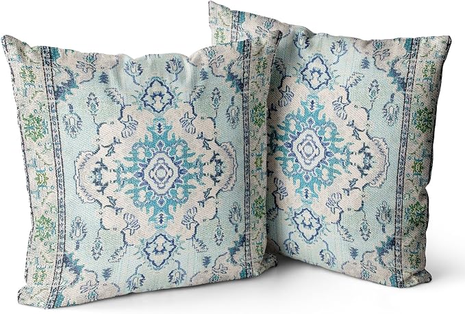 Snycler Boho Throw Pillow Covers 16x16 inch Set of 2 Teal Blue Boho Rug Carpet Double Sided Pattern Cotton Soft Pillow Case Cushion Cover Pillowcase for Couch Sofa Bed Decorative