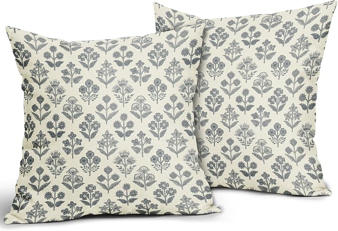 Dusty Blue Floral Pillow Covers 20x20 Inch Set of 2, Vintage Flower Block Print Pattern Decorative Throw Pillowcases Outdoor Farmhouse Cushion Covers Spring Summer Rustic Sofa Couch Bed Decor