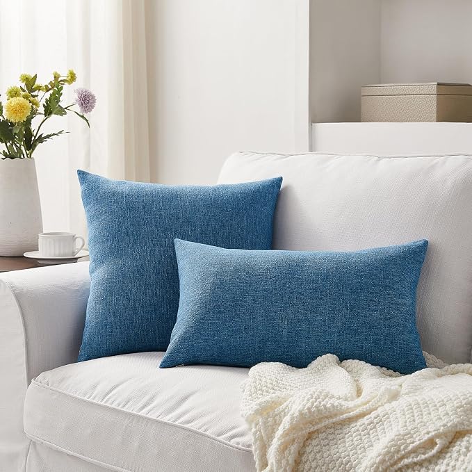Meekio Set of 2 Blue Pillow Covers 22 x 22 Inch Farmhouse Boho Decorative Throw Pillow Covers Linen Cushion Covers for Sofa Couch Décor