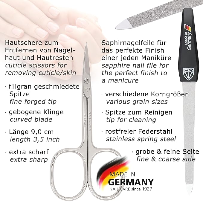 3 Swords Germany - brand quality 5 piece manicure pedicure grooming kit set for professional finger & toe nail care scissors clipper genuine leather white case in gift box, Made in Germany