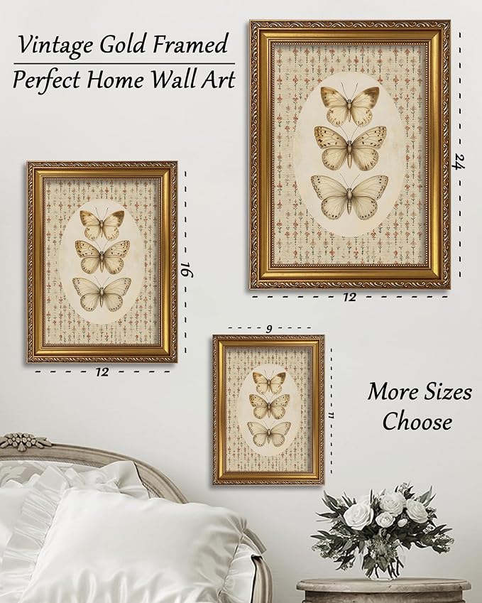 Vintage Gold Framed Wall Art Retro Floral Butterfly Canvas 16x24in | Living Room, Home Decor Painting Picture, Bedroom Wall Decor, Gifts for Friends or Family