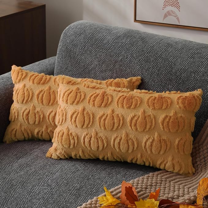 DFXSZ Fall Pillow Covers 20x20 2Pcs Light Orange Pumpkin Fall Decorations | Fall decor Set of 2 Throw Pillow Cases Soft Plush Faux Fur Wool Couch Cushion for Chair Sofa Bedroom Living Room Home Decor