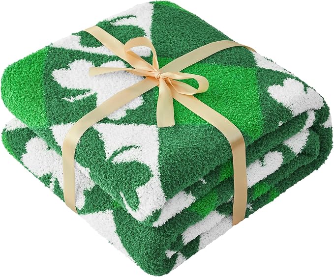 St. Patrick's Day Knit Throw Blanket - Super Soft Lightweight Plush Shamrock Clover Blanket for Couch, Bed, Sofa, 50 x 60 Inches, Irish Green