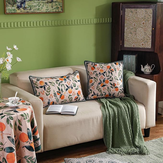patdrea Vintage Linen Throw Pillow Cover,18"x18",Set of 2-Palladin A | Elegant Decorative Pillow Case,Orange Citrus Fruit Print,Pillow Cover for Couch Living Room Bedroom Sofa