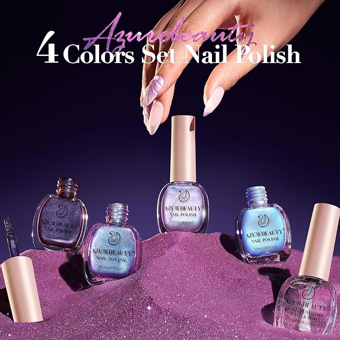 AZUREBEAUTY Holographic Nail Polish Set, 4 Chameleon Colors Purple Pink for DIY Nail Art, Glossy Finish, Ideal Gift for Women