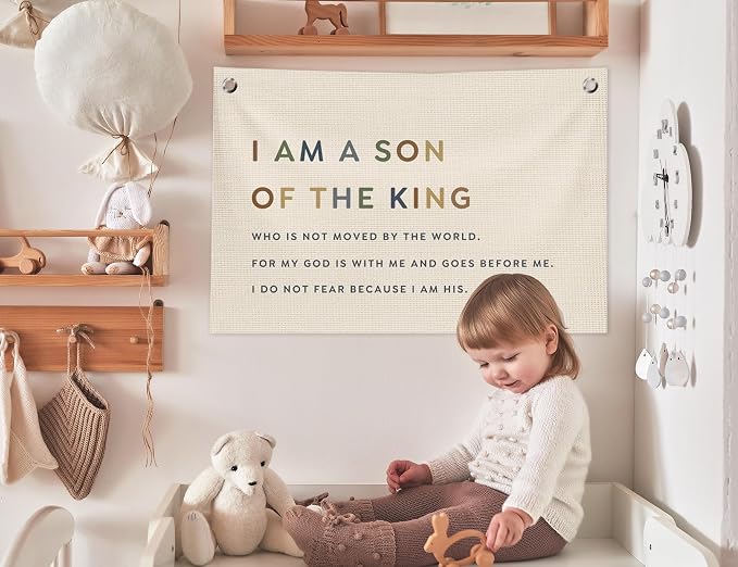 Christian Nursery Decor, Boy Nursery Wall Art, I Am a Son of the King Canvas Banner Wall Decor for Kids Boys Room Bedroom Playroom, 30x20 in