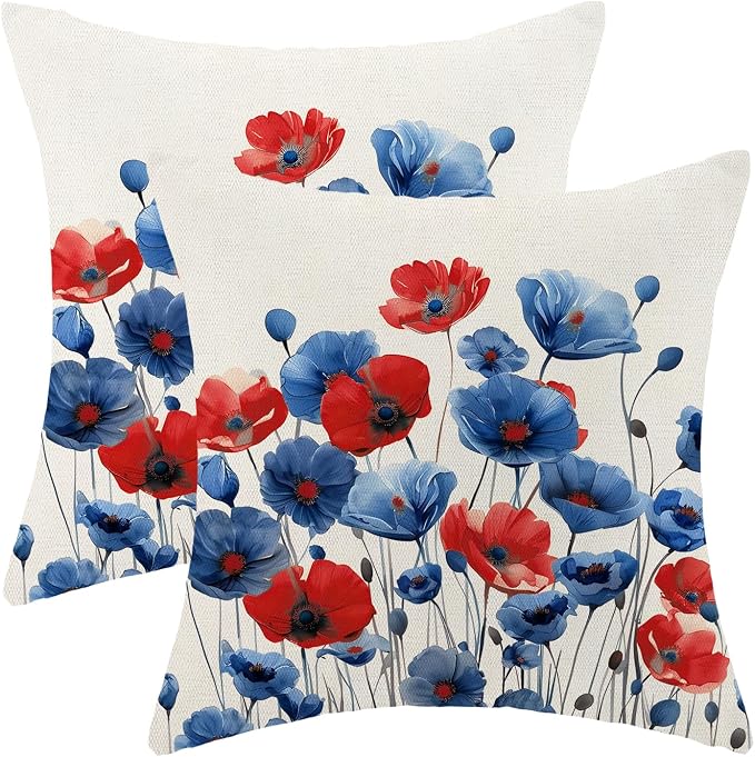 Spring Floral Pillow Covers 18x18 Set of 2 Blue Red Flower Decorative Throw Pillow Covers Decoration Summer Seasonal Pillowcase Farmhouse Decorative Cushion Cover for Home Sofa Outdoor Decorr