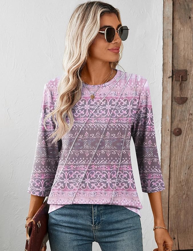 LOMON 3/4 Length Sleeve Womens Tops Spring Summer Fashion 2026 Tops Crew Neck Pleated Shirts Tunic Top Loose Fit