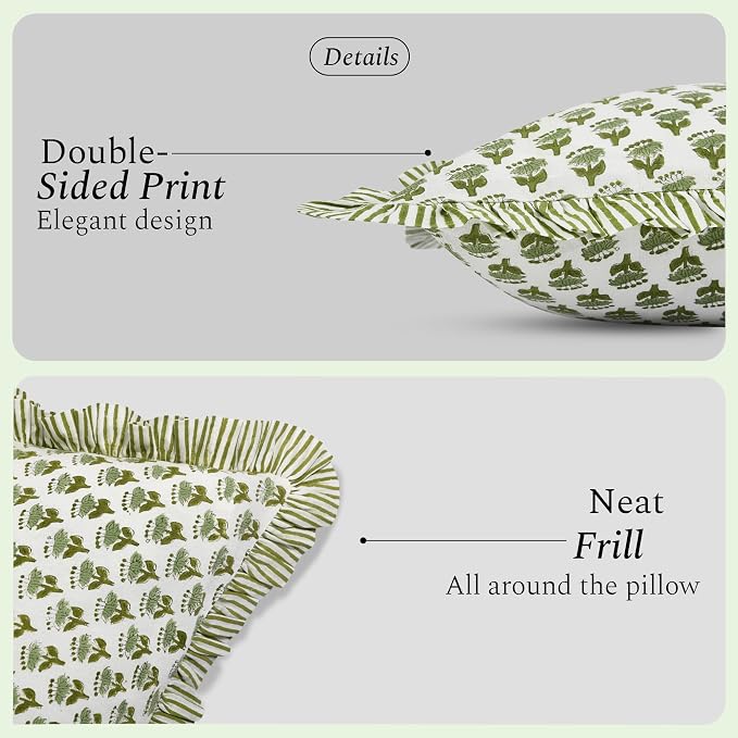 CPC Block Print Ruffle Throw Cover Emerald Green 20"x20" Inch Pack of 2-100% Cotton Ruffle Couch Decorative Boho Pillows Case for Living Room, Bedroom, Sofa, Farmhouse Gift for Spring, Mother's Day