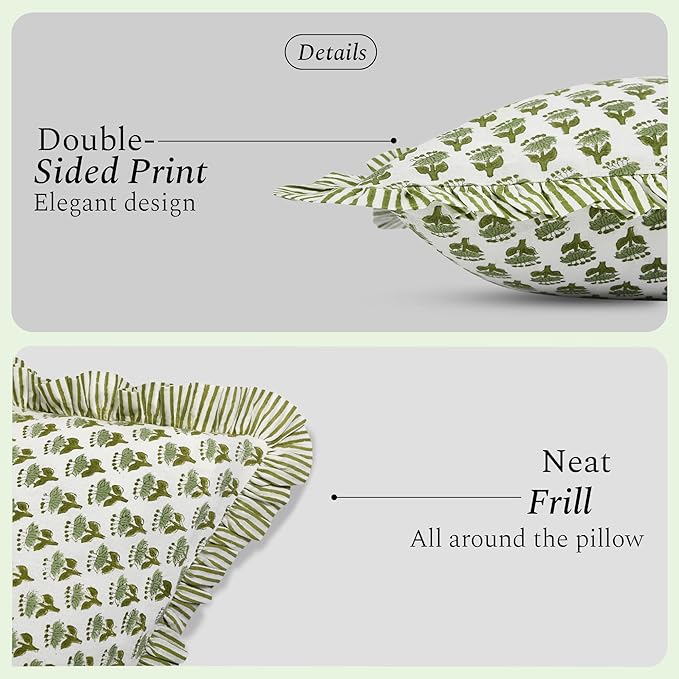 CPC Block Print Ruffle Throw Cover Emerald Green 18"x18" Inch Pack of 2-100% Cotton Ruffle Couch Decorative Boho Pillows Case for Living Room, Bedroom, Sofa, Farmhouse Gift for Spring, Mother's Day