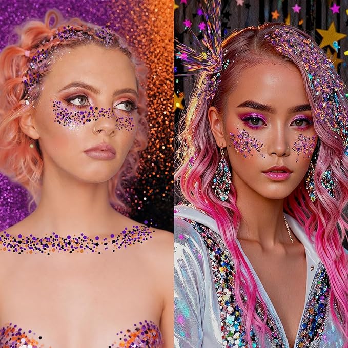 Black Orang and Purple Halloween Body & Face Glitter Stick,【Waterproof】【Long-Lasting】【Sparkling】 for Singer Concert Outfits, Festival Rave Mermaid Accessories Chunky Glitter Makeup for Women (08#)