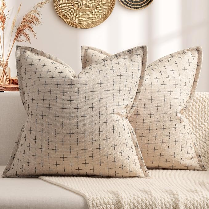 Pillow Covers 16x16 Set of 2 Soft Polyester Textured Pillow Covers with Stylish Flange Edge Cozy Farmhouse Throw Pillows for Couch Bed Sofa Living Room