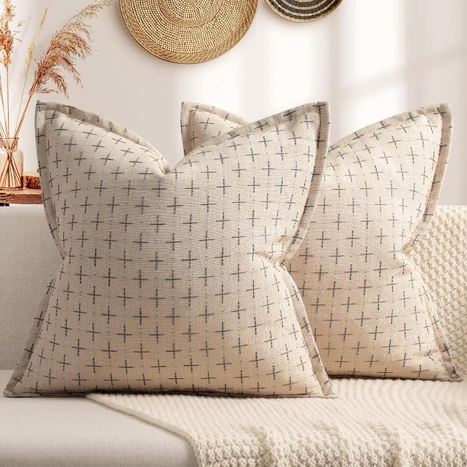 Pillow Covers 18x18 Set of 2 Soft Polyester Textured Pillow Covers with Stylish Flange Edge Cozy Farmhouse Throw Pillows for Couch Bed Sofa Living Room