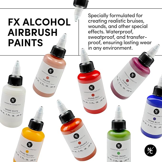 Narrative Cosmetics FX Alcohol Airbrush Paints - 2 fl oz, Skin Safe, Quick Dry, Waterproof, Sweatproof, Transferproof Liquid Makeup for Bodypainting, Theater, FX Makeup, Film and TV - Prime Red