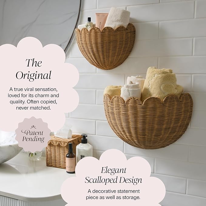 BEBE BASK The Original Scalloped Wicker Wall Basket – Set of 2 (16x10x7 In) | Handwoven Scalloped Wall Baskets, Rattan Wall Hanging Baskets, Wall Storage Basket for Nursery, Living Room, Mocca