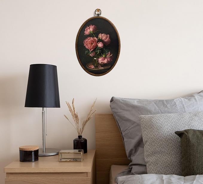 Moody Pink Peony Oval Wall Art, Vintage Dark Pink Peonies Oval Framed Wall Art, Waterproof Floral Cottage Core Home Decor for Western Farmhouse Bedroom Living Room, Home Retro Decor Products, 22