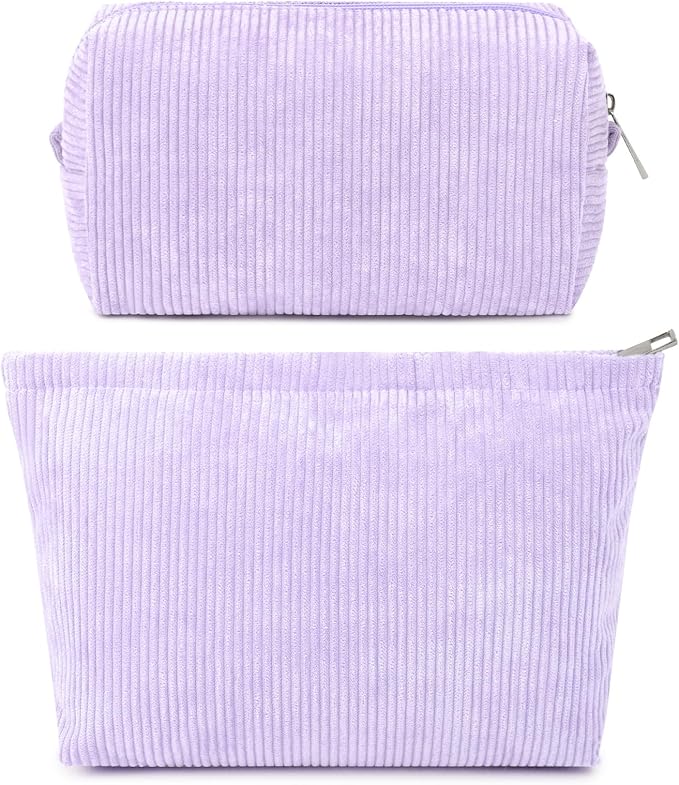 SOIDRAM 2 Pcs Corduroy Makeup Bag Large Cosmetic Bag Toiletry Bag Makeup Pouch Travel Bag Organizer Cute Makeup Brushes Aesthetic Accessories Storage Bag for Women Purple