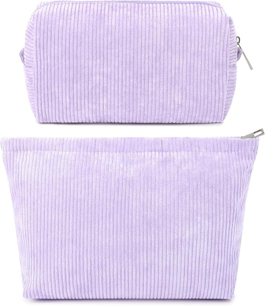 SOIDRAM 2 Pcs Corduroy Makeup Bag Large Cosmetic Bag Toiletry Bag Makeup Pouch Travel Bag Organizer Cute Makeup Brushes Aesthetic Accessories Storage Bag for Women Purple