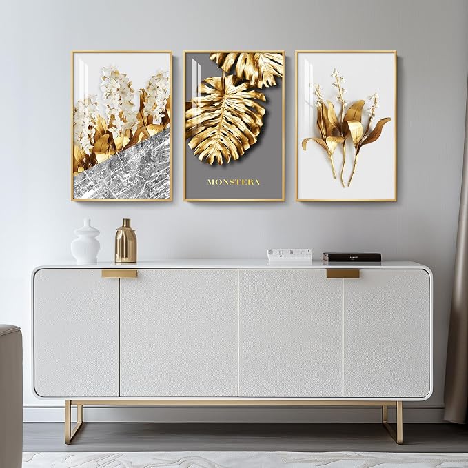Framed Modern Luxury Large Gold Wall Art for Living Room, Set of 3 Piece Contemporary Paintings Artwork for Walls, Golden Leaf Prints with Gold Frame, Pictures for Office Wall Decor - Total 30" x 60"