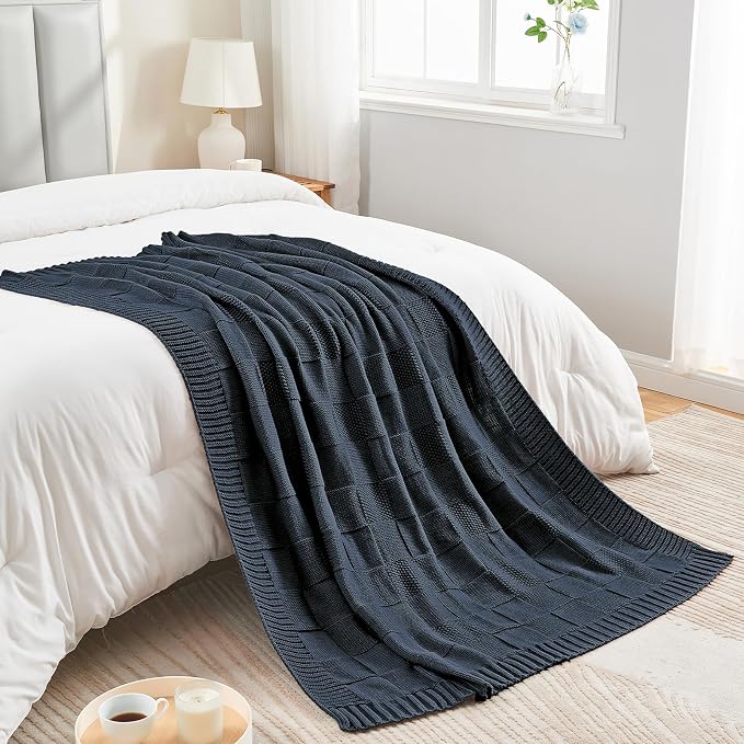 CozeCube Navy Blue Knitted Checkered Throw Blanket 50"X60" | Check Knit Throw for Couch, Decorative Christmas Soft Cozy Warm Blanket for Bed Sofa Living Room