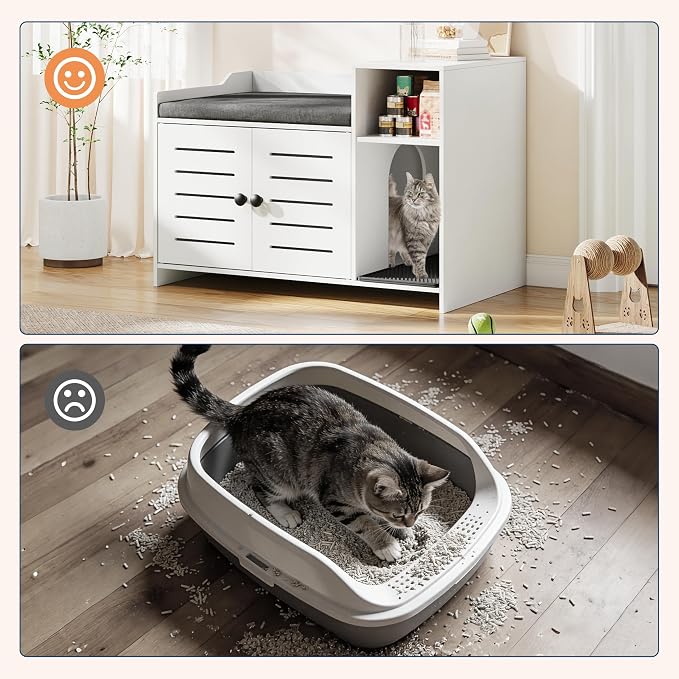 Cat Litter Box Enclosure Furniture, Large Hidden Litter Box Cabinet with Double Door, End Table Cat House with Storage Shelf, Modern Pet Furniture for Living Room, White