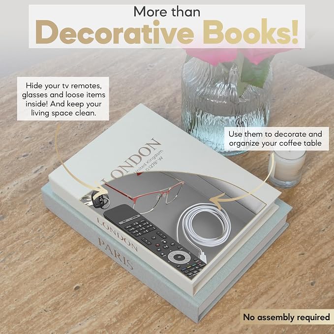 Decorative Books with Storage – Set of 2 Faux Linen Book Boxes with Gold Stamped Covers – Enhance Your Coffee Table, Bookshelf or Mantle Decor – Hidden Storage for Photos, Keepsakes, and Jewelry