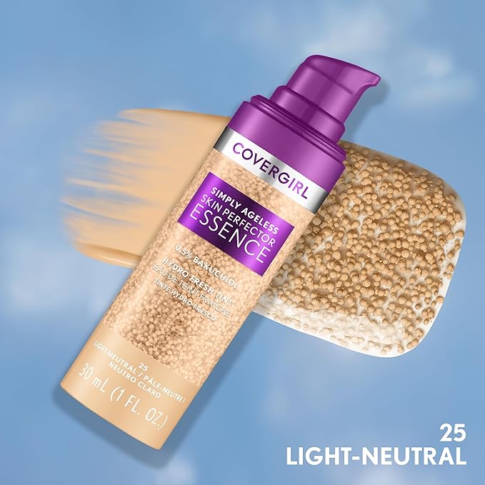 Covergirl Simply Ageless Skin Perfector Essence Foundation, 25 Light-Neutral, Tinted Skincare Makeup Hybrid, Sheer Tint, Radiant Finish, Glowy Finish, Vegan Formula, 1.0oz