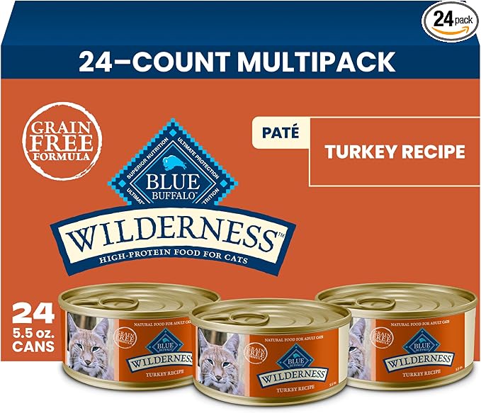 Blue Buffalo Wilderness Turkey Paté Adult Wet Cat Food, 5.5 oz, 24 ct | Real Turkey #1 Ingredients, High Protein & Grain-Free Recipes, Supports Energy for an Active Life