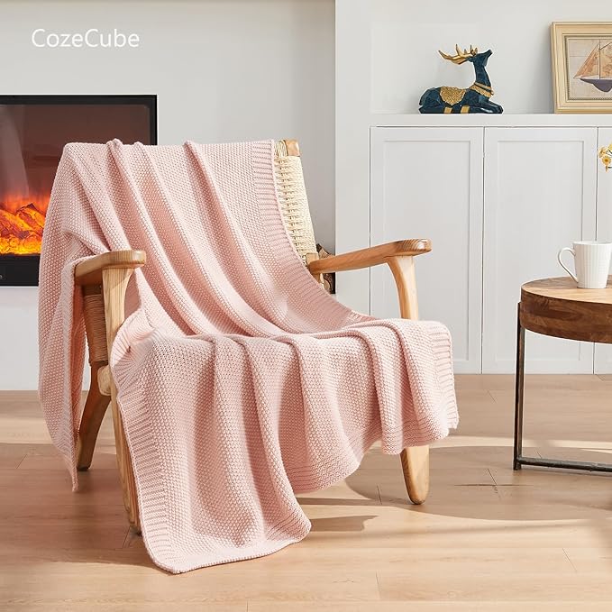 CozeCube Pink Seed Stitch Throw Blanket 50"x60", Farmhouse Decor | Blanket for Couch, Soft Cozy Cable Knit Throw for Bed Sofa Living Room, Lightweight Warm Decorative Christmas Blanket