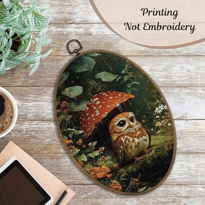 LKETW Vintage Owl Mushroom Oval Wall Art Decor, Whimsical Dark Cottagecore Oval Canvas Hanging Decor, Moody Botanical Forest Mushroom Bird Wall Decorations for Home Bedroom Living Room, 8.6x11.4 Inch