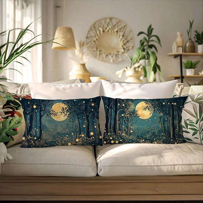 Rustic William Morris Inspired Night Moon Forest Decor Pillow Covers 20x12 Set of 2,Vintage Black and Gold Landscape Nature Botanical Decorative Throw Pillow Covers for Home Bedroom Living Room