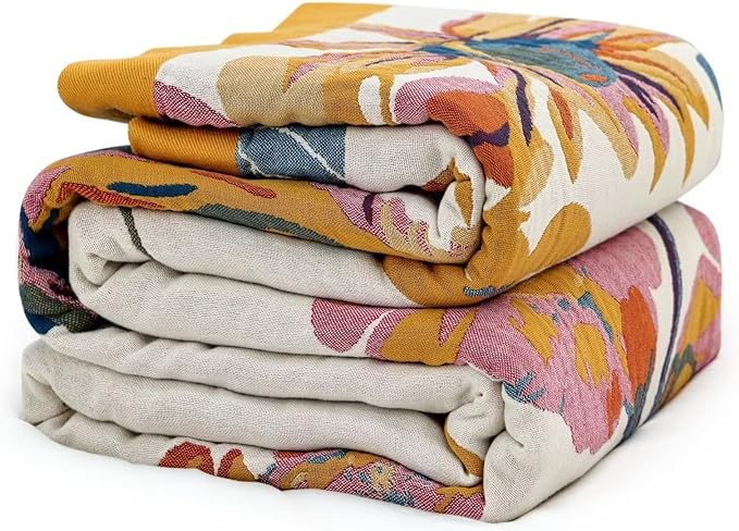 MSGKV Boho Throw Blanket 60"x80" 100% Cotton for Couch Bed, Summer Quilt | 100% Cotton Throw, Summer Blanket, Breathable Lightweight, Farmhouse Home Decor, Soft Comfort, Picnic Blanket