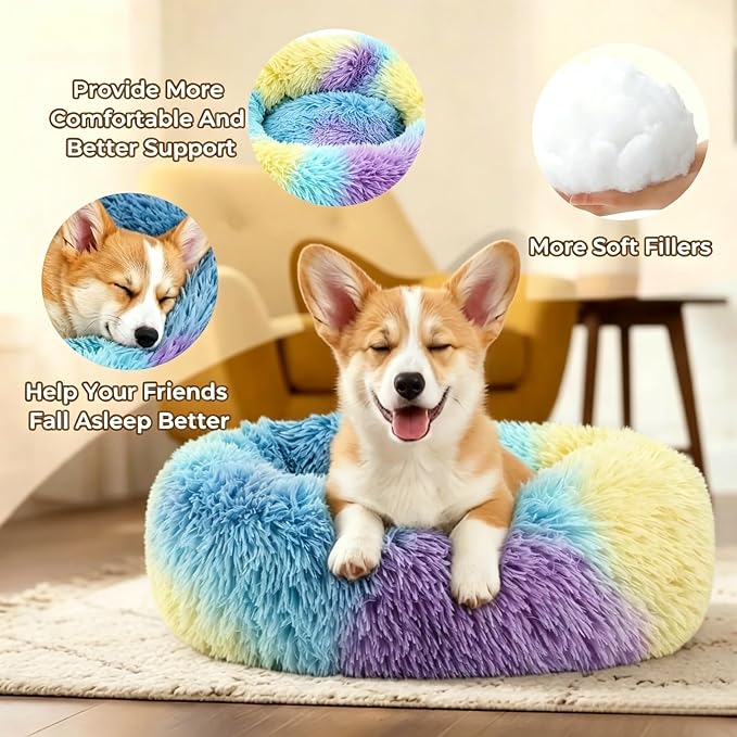 Calming Donut Dog and Cat Bed for Indoor Cats, Anti-Anxiety Round Fluffy Soft Washable Small Pet Bed for Puppy and Kitten, Warming Comfortable Luxury Anti-Slip Waterproof Mute Base 20in Rainbow