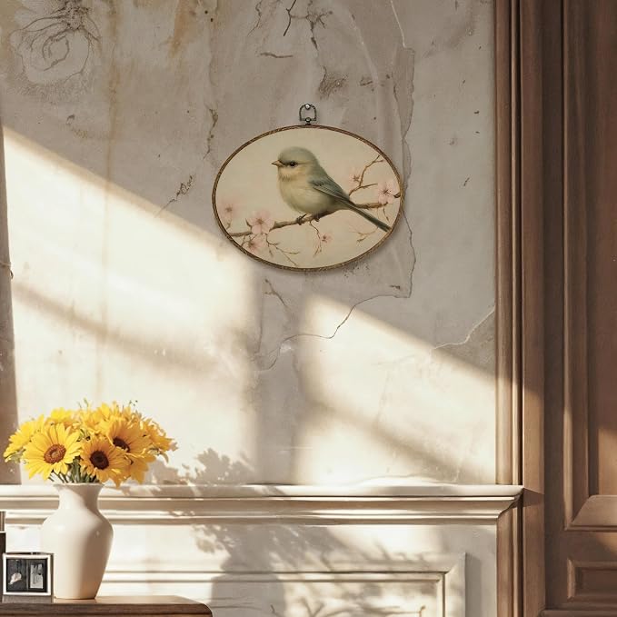 LKETW Vintage Bird Oval Wall Art Decor, Rustic Farmhouse Oval Canvas Hanging Decor, Cottagecore Country Floral Bird Wall Decorations for Home Bedroom Living Room, 8.6x11.4 Inch