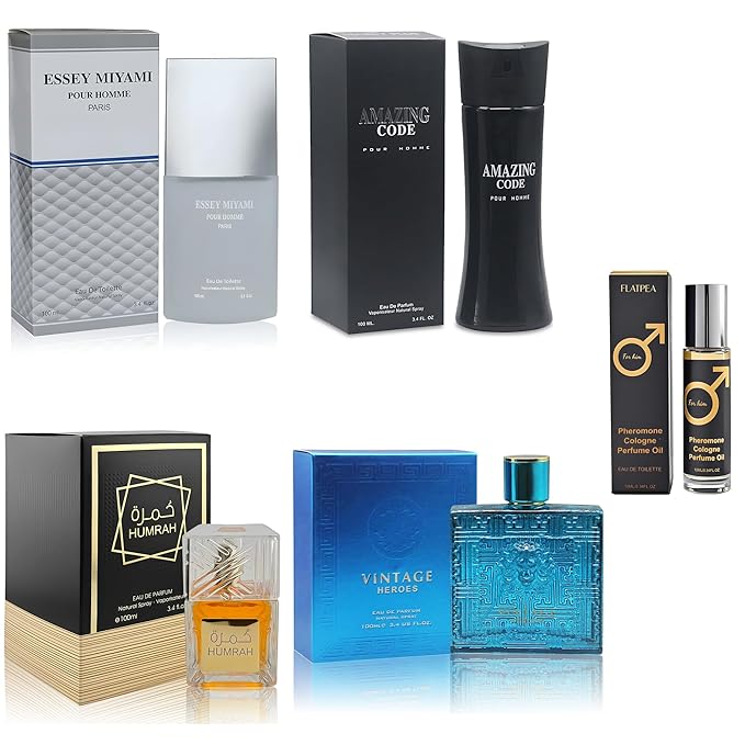 AFLUXE Men's Cologne Gift Set - Variety Pack of 4 Long Lasting Fragrances with 10ml Pheromone Cologne for Men Kit EDP/EDT (PHM-AmazCo/VintageH/Humrah/Ess Miyami)
