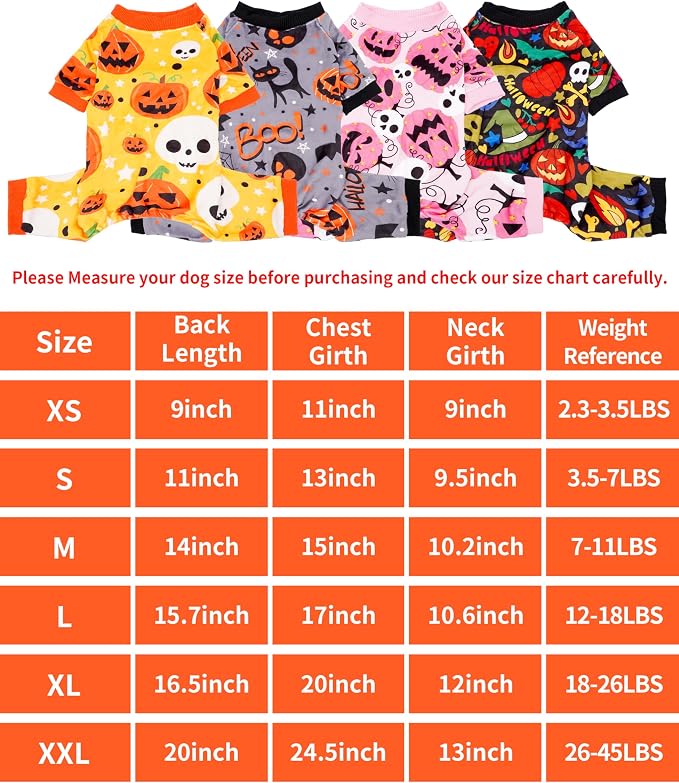 PET SHOW 4 Pack Halloween Fleece Dog Pajamas Warm for Large Dogs | Soft stretchy dogs onesies,boy girl pjs with sleeve,holiday jumpsuit costume for pets,XL