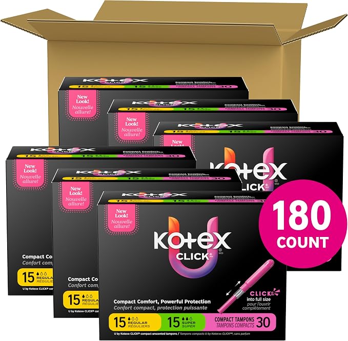 U by Kotex Click Multipack Tampons, Compact, Regular/Super Absorbency, Unscented, 180 Count (6 Packs of 30) (Packaging May Vary)