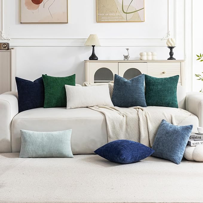 Set of 4 Soft Textured Decorative Throw Pillow Covers 18x18 Inch Cozy Farmhouse Cushion Cover Square Accent Pillow Cases for Bed Couch Sofa Living Room, Blue Series