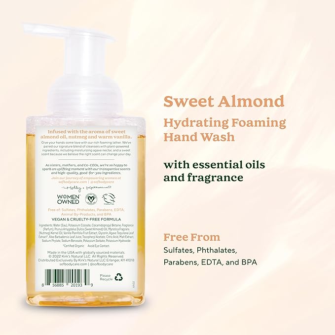 SoF Hydrating Foaming Hand Wash - With Organic Agave Nectar & Coconut Oil- Vegan & Non GMO- Free From Phthalates, Sulfates & Parabens- Sweet Almond - 8 oz Bottle 6 Pack