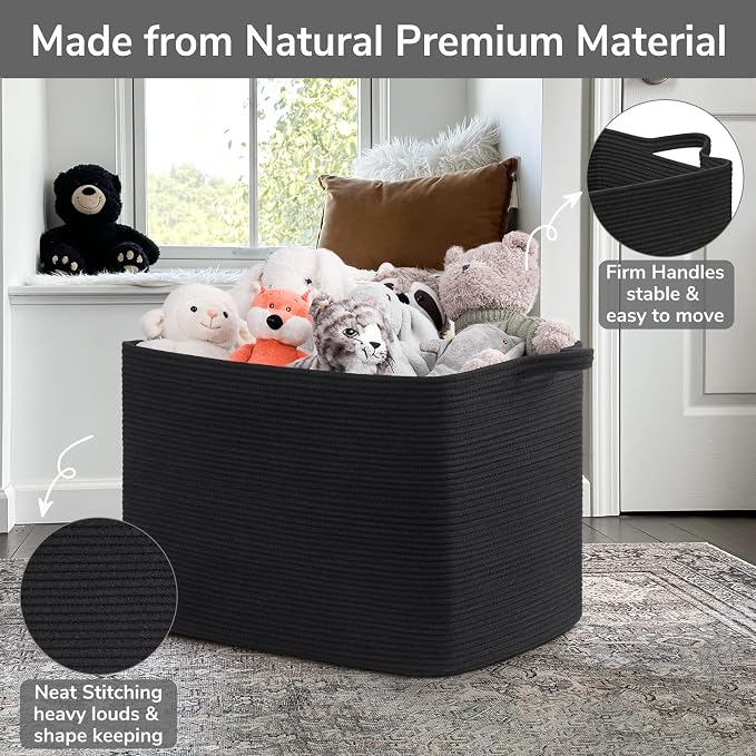 Goodpick 105L Extra Large Woven Rope Blanket Basket, Rectangle, Black | 25'' x 16'' x 16'' Storage Basket for Blankets, Pillows & Clothes, Living Room, Bedroom & Nursery Organization, Handles