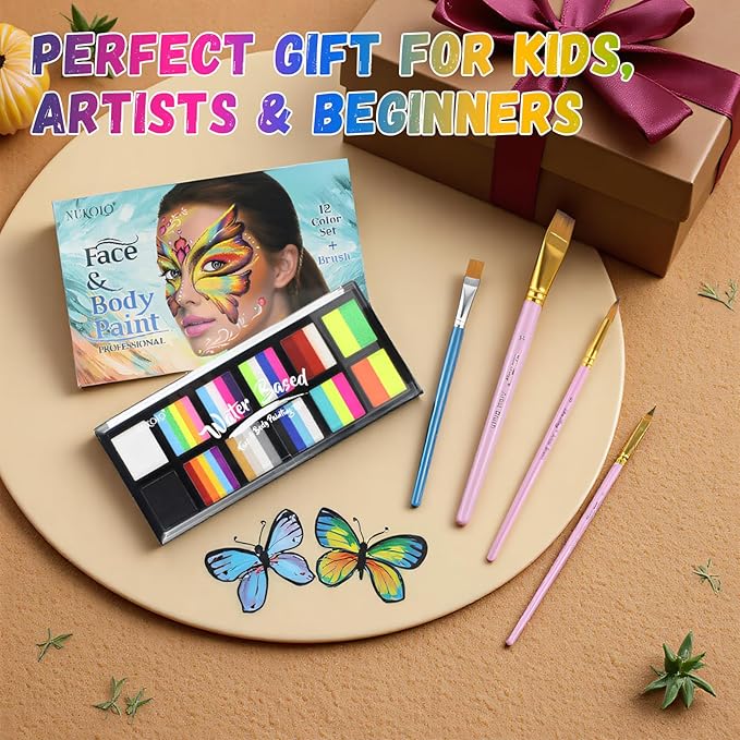 Face Paint Kit for Kids & Adults - 12 Color Rainbow Split Cake Face Painting Kit with 4 Brushes, Water Activated Face Paint Palette, Professional Facepaint Makeup Set for Kids Party Halloween Cosplay