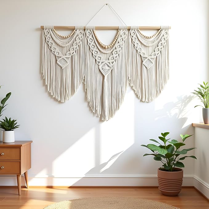 guzhiou large macrame wall hanging - Boho Tapestry Macrame Wall Decor Art- Chic Bohemian Handmade Woven Tapestry Home Decoration for Bedroom Living Room Apartment Wedding Party - 43"x32" (Wood bead)